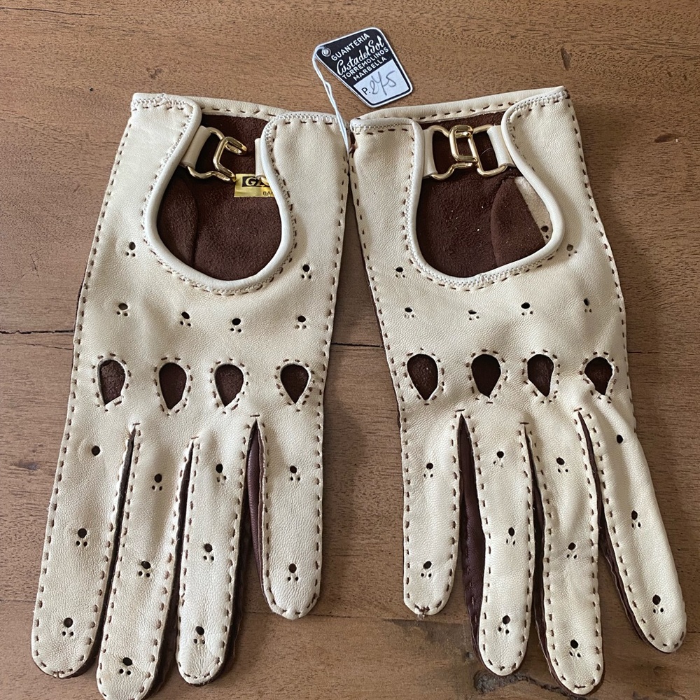 Vintage Retro Cream/Brown Leather Driving Gloves